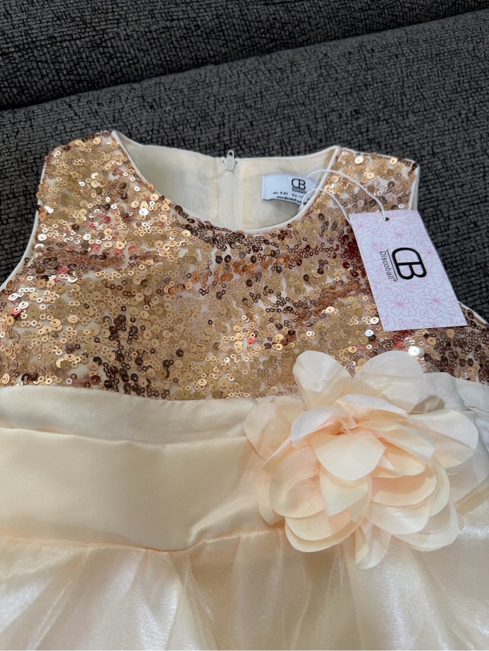 Sequin Bodice Tulle Party Dress with Floral Accent — Champagne - Picture 4 of 7
